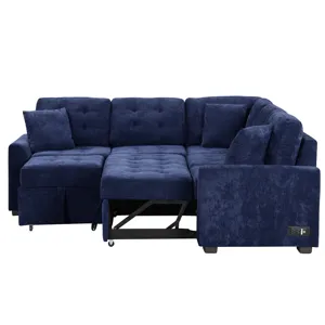 L-Shape Sofa Bed Pull-Out Sleeper Sofa With Wheels, USB Ports, Power Sockets For Living Room - Navy 