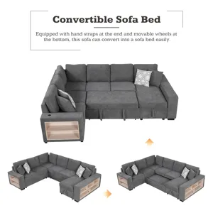 U-Shaped Sectional Sofa Pull-Out Sofa Bed With Two USB Ports, A Storage Chaise Lounge And Four Back 