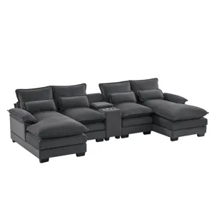 Modern U Shaped Sofa With Console, Cupholders And USB Ports, 6 Seat Upholstered Symmetrical Indoor F