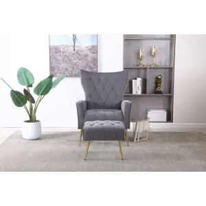 Modern Accent Chair With Ottoman, Comfy Armchair For Living Room, Bedroom, Apartment, Office - Gray