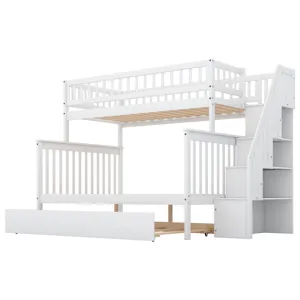 Twin Over Full Bunk Bed With Trundle And Staircase - White