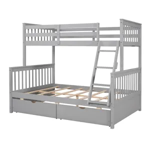 Twin Over Full Bunk Bed With Ladders And Two Storage Drawers - Gray