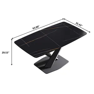 63\" Artificial Stone Black Curved Black Metal Leg Dining Table - Black