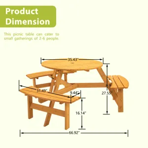6 Person Circular Outdoor Wooden Picnic Table For Patio, Backyard, Garden, Diy With 3 Built-In Bench