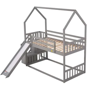 Twin Over Twin House Bunk Bed With Convertible Slide, Storage Staircase Can Be Placed Left Or Right 