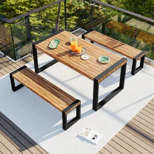 3 Pieces Outdoor Dining Table With 2 Benches, Patio Dining Set With Unique Top Texture, Acacia Wood 