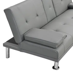 Sofa Bed With Armrest Two Holders Wood Frame, Stainless Leg Futon - Gray