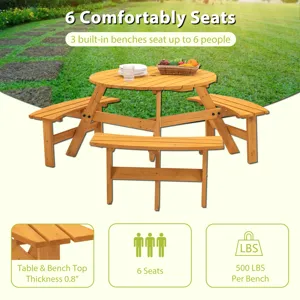 6 Person Circular Outdoor Wooden Picnic Table For Patio, Backyard, Garden, Diy With 3 Built-In Bench