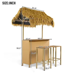 Hawaiian-Style Bar Height Patio Set With PE Grass Canopy, Outdoor Bar Table And Stools With Adjustab