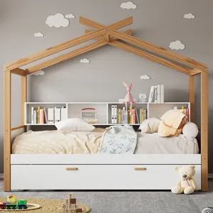 Twin Size Wooden House Bed With Original Wood Colored Frame Twin Size Trundle And Bookshelf Storage 