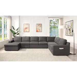 Waylon - Linen 7-Seater U-Shape Sectional Sofa Chaise With Pocket - Gray