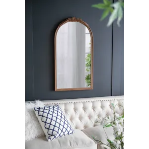 Elos Hand Carved Rose Antique Mirror Frame, Wood Arch Mirror Wall Decor For Living Room, Bathroom, E