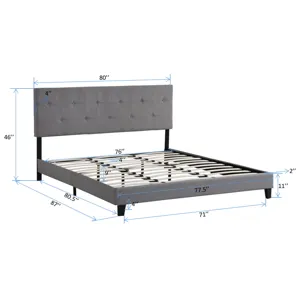 King Size Upholstered Platform Bed Frame With Button Tufted Linen Fabric Headboard, No Box Spring Ne