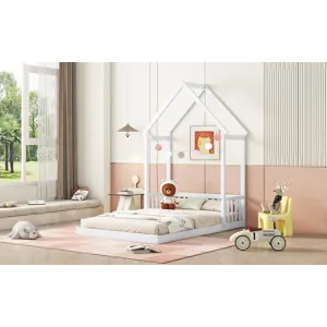 Full Roof-Framed Headboard Floor Bed With Headboard Guardrails - Without Slats White