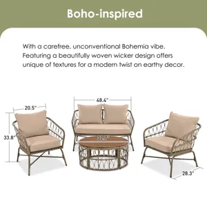 Bohemia-Inspired 4 Person Outdoor Seating Group With Removable Cushions, Conversation Patio Set With