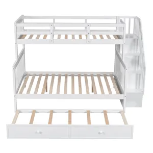 Twin Over Full Bunk Bed With Twin Size Trundle, Storage And Guard Rail For Bedroom, Dorm, For Adults