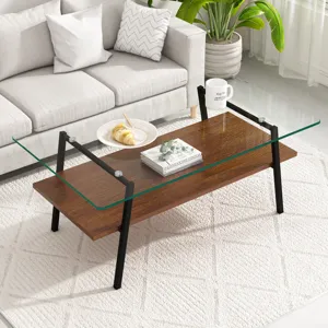 Rectangle Coffee Table, Tempered Glass Tabletop With Metal Legs, Modern Table For Living Room, Trans
