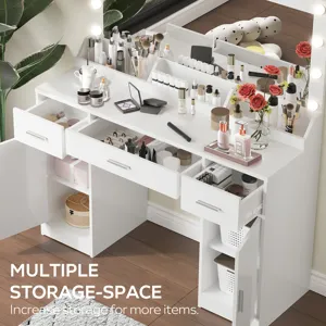 47.2" Vanity Desk With Large Mirror, 3 Colour Lighting Modes, Adjustable Brightness, Dresser With 3 Drawers & 2 Vertical Cabinets, Makeup Vanity Table For Women & Girls - White