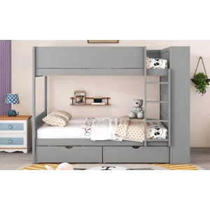 Full Over Full Bunk Bed With 2 Drawers And Multi - Layer Cabinet - Gray