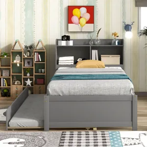 Twin Bed With Trundle, Bookcase - Gray