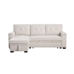 Lucca II  - 84.5\"W Beige Woven Fabric Reversible Sleeper Sectional Sofa With Storage Chaise and Poc