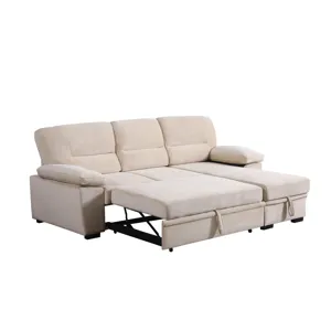 Kipling - Velvet Fabric Reversible Sleeper Sectional Sofa Chaise - Beige