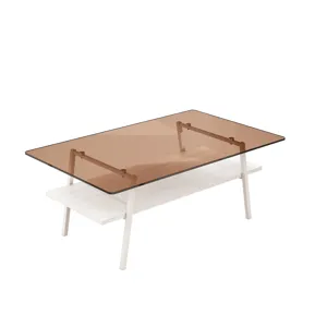 Rectangle Coffee Table, Tempered Glass Tabletop With White Metal Legs, Modern Table For Living Room 