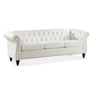 84.65\" Rolled Arm Chesterfield 3 Seater Sofa - White