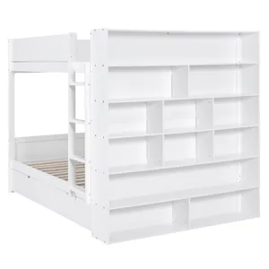 Full Over Full Bunk Bed With 2 Drawers And Multi - Layer Cabinet - White