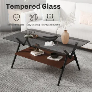 Rectangle Coffee Table With Tempered Glass Top And Brown MDF Shelf, Modern Table For Living Room - G