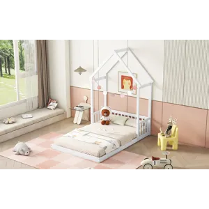 Full Roof-Framed Headboard Floor Bed With Headboard Guardrails - Without Slats White