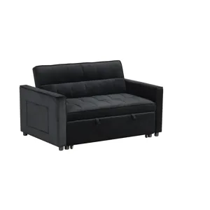 Maeve - 53.5\"W Black Velvet Convertible Sleeper Loveseat With Tufting and Side Pocket