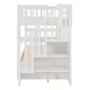 Stairway Twin Over Twin Bunk Bed With Twin Size Trundle For Bedroom, Dorm, Adults - White