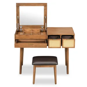 Classic Wood Makeup Vanity Set With Flip-Top Mirror And Stool, Dressing Table With Three Drawers And