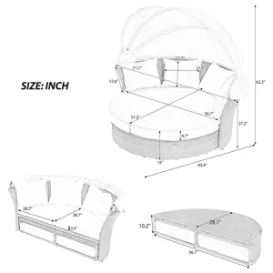 Outdoor Patio Daybed Wicker Rattan Double Daybed Round Sofa Furniture Set With Retractable Canopy, 4
