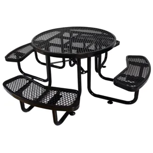 Round Outdoor Steel Picnic Table, With Umbrella Pole - Black