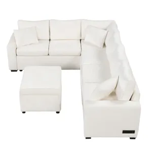 Sectional Sofa Pull-Out Sofa Bed Sleeper With A Storage Ottoman, Three Pillows And Charging Devices 
