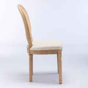 French Style Solid Wood Frame Antique Painting Linen Fabric Rattan Back Dining Chair (Set of 2) - Cr
