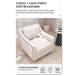 360 Degree Swivel Armchair Cotton Linen Skin-Friendly Fabric Ergonomic Design Brass Nail Decorative 
