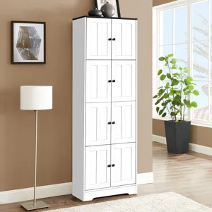 Tall Storage Cabinet With 8 Doors And 4 Shelves, Wall Storage Cabinet For Living Room, Kitchen, Offi