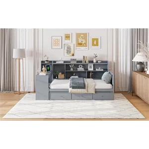 Twin Size Wooden Daybed With 3 Drawers, USB Ports And Desk - Gray