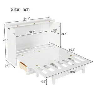 Queen Solid Pine Murphy Bed Chest Cube Cabinet Bed With Charging Station And Large Storage Drawer Fo