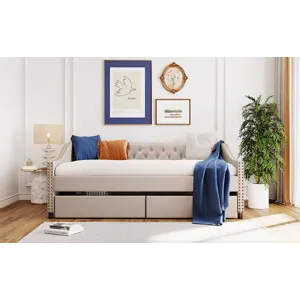 Full Size Upholstered Daybed With Two Drawers, Wood Slat Support - Beige