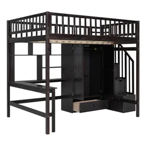 Full Size Loft Bed With Bookshelf, Drawers, Desk, And Wardrobe - Espresso