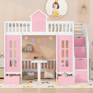 Twin Over Twin Bunk Bed With Changeable Table, Bunk Bed Turn Into Upper Bed And Down Desk - Pink