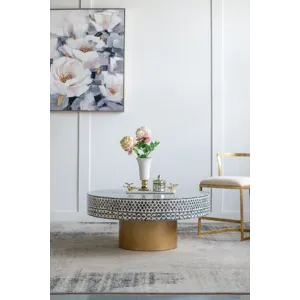 Unique Capiz Coffee Table With Pedestal Base - Gray / Ivory / Gold