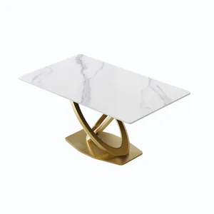 63\" Modern Artificial Stone Panel Double-Ring Stainless Steel Metal Legs, Can Accommodate 6-8 Peopl