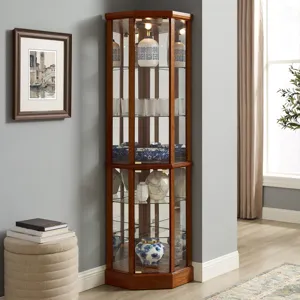 6 Shelf Lighted Corner Curio Cabinet With Adjustable Tempered Glass Shelves And Mirror Back (E26 Light Bulb Not Included) - Walnut
