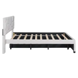 Full Size Upholstered Platform Bed With Brick Pattern Headboard And Twin Size Trundle, Linen - Beige