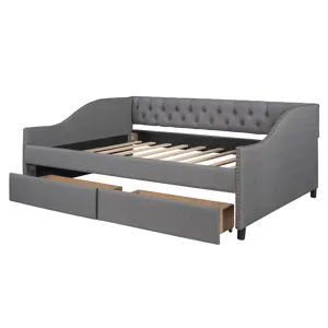 Full Size Upholstered Daybed With Two Drawers, Wood Slat Support - Gray